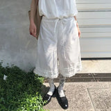 MQTIME  -  Basic Solid Color Casual Loose Capri Pants Female Clothing Wide Leg Summer Drawstring Fashion Edible Tree Fungus Spliced Pants