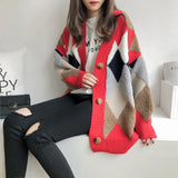 MQTIME  -  Women Argyle Plaid Knit Cardigan V Neck Long Sleeve Button Open Front Loose Sweater Coat Tops for Woman Casual Autumn Daily Wear