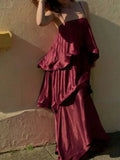MQTIME  -  Summer Leisure Vacation Long Dress Elegant Sling Layered Satin Party Dress New Ladies Sleeveless Hollow Beach Maxi Dresses