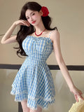 MQTIME  -  Plaid Dresses Women Bandage Sleeveless Slim Lace Patchwork Summer Fashion Sweet Elegant Party Mini Dress Female Casual
