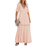 MQTIME  -  Boho Lace Dress V Neck Flare Sleeve Embroidery Maxi Dress A-line Elegant Party Dresses Mujer Vestidos