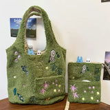 MQTIME  -  Creative Green Plush Bag Embroidered Lamb Wool Daily Storage Bag Embroidered Shoulder Handbag