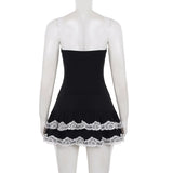  MQTIME  -  Lace Square Neck Lace-up Splicing Suspender Pleated Skirt