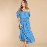 Mqtime  Elegant Off Shoulder Solid Denim Dresses For Women Casual Short Sleeve Lace Up Backless Loose Midi Dress Vestidos