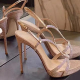 MQTIME  -  Pink rhinestone flat sandal summer new item, hate sky high 12cm slim heel waterproof platform super high heels