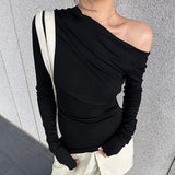 MQTIME  -  Slim Solid Pleated Slant Collar T-Shirts Ladies Street Casual Basic Pullover Tees Slanted Shoulders Long Sleeve Tops For Women