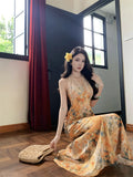 MQTIME  -  Print Floral Vintage Beach Long Dress Women Summer Sleeveless Halter Backless Slim Long Dress Sexy Club Party Birthday Dresses