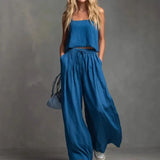 MQTIME  -  Spring and Summer Women's Solid Color Casual Cotton and Linen Suspender Top Wide Leg Pants Set