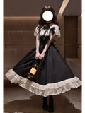 MQTIME  -  French Elegant Princess Summer Bow Lace Ruffle Off Shoulder High Waist Big Swing Black White Dress Women Girls Party Daily Wear