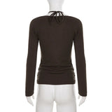 MQTIME  -  Y2K Grunge Solid Long Sleeve Fake Two T-shirts Vintage Fashion Beads Halter Pullover Tops 90s Women Basic Street T-shirt