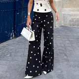 MQTIME  -  Women's Fashion Polka Dot Wide Leg Pants High Waist Flare Hem Commuting Casual Streetwear Trousers New Women Pants
