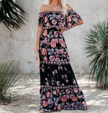 MQTIME  -  Boho Dress Slash Neck Floral Printed Summer Dress Femme Hippie Vestidos A-line Holiday Robes Chic Maxi Dresses