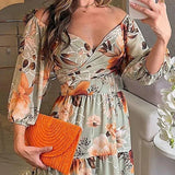 MQTIME  -  Autumn Women Floral Printed Pleated Long Party Dress 2024 Spring Long Sleeve Hollow Maxi Dress Sexy V Neck High Waist Dress