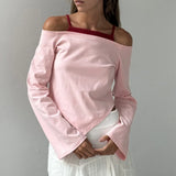 MQTIME  -  Womens Fake Two Pieces Shirt Tops Cold Shoulder Contrast Color Y2k Crop Top Asymmetrical Triangle Hem Slim Fit Blouse
