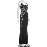 MQTIME  -  Lace Patchwork Bodycon Camisole Maxi Dress Women Fashion Spaghetti Straps Backless Slim Birthday Party Long Robe Evening Gown