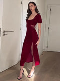 Mqtime Women Red Split Square Collar Velvet Lace Dress Sexy Backless Lace Up Flutter Sleeve Dresses Autumn Grace Party Wedding Vestido