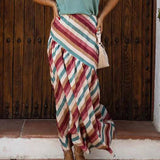 MQTIME  -  Casual Bohemian Striped Printed Women's Long Skirt Spring Summer Loose Commuting Half Skirt Vacation High Waist Party Skirt