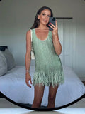  MQTIME  -  Fashion Sequin Tassel Mini Dress For Women Sleeveless O-neck Feather Female Dresses Summer Elegant Beach Female Ball Gown