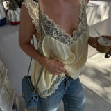 MQTIME  -  Solid Lace Patchwork Sling Tops Lady Casual Sleeveless V Neck Chic Loose Backless Short Vest Summer Vacation Street Wear
