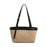  MQTIME  -  Women's Khaki Straw Weave Leather Patchwork Tote Bag Vacation Casual Aesthetic Beach Daily Shoulder Handbag Summer Trend