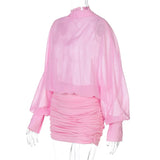 MQTIME  -  Fall Fashion Long Sleeve Chiffon Patchwork Beach Dress Women Sexy Backless Ruched Short Pencil Dress Pink Party Streetwear