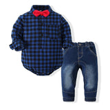 MQTIME  -  2Piece Fall Toddler Boy Outfits Newborn Clothes 0 3 Months Korean Fashion Plaid Long Sleeve Bodysuit+Jeans Baby Clothing BC1636