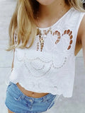 MQTIME  -  Boho Style Sleeveless Beachwear T-shirt New Spring Summer O-neck Vest Tops for Women Sexy Embroidery Hollow Out Lace Shirt Mujer