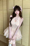 MQTIME  -  French Coquette Princess Sweet Floral Lace Halter Neck Dress Women Bow Trim Cutout Ruched Waist Ruffle Hem Slim Fit Mini Dress