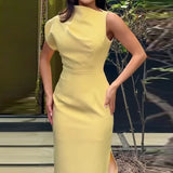 MQTIME  -  Elegant Office Lady Solid Straight Party Dress Spring Crew Neck Hollow Side Split Boho Dress Women Slim Bodycon Hips Dress Mujer