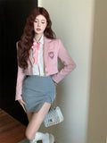 MQTIME  -  Sweet Girls Sexy Skirt Sets 2024 Fall Summer New Pink Jacket+Shirt+mini Skirt 3 Pieces Sets Preppy Style Women 2 Piece Outfits