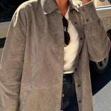 MQTIME  -  Vintage Brown Suede Shirt Fall-winter Small Loose Midi Cardigan Top Women