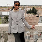  MQTIME  -  Plaid Print Women's Blazer Mandarin Collar Single Breasted Full Sleeve Female Coat Autumn Casual Chic Elegant Lady Outer