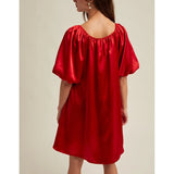 MQTIME  -  Women Satin Silk Mini Dress Bow Tied Front Square Neck Half Bubble Puff Sleeve Loose Fit Silky Short A-line Dresses