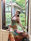 MQTIME  -  Summer Trend Fashion Color Contrast Design Print Embellishment Mesh Material Breathable and Cool Fishtail Hem Slip Dress