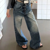 MQTIME  -  American High Street Wide Leg Washed Jeans Summer High Waist Pants Women Multi Button Contrast Stitch Baggy Loose Denim Trousers