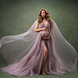 Mqtime Garden Lavender Floral Tulle Maternity Dresses To Photoshoots With Detachable Cape V-neck A-line Long Prom Gowns Tulle Robe