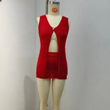 MQTIME  -  Fashion Sequins Slim Vacation Outfit Hot Girl Solid V-neck See-through Set Sexy Knitted Hollow Out Cardigans&Mini Skirts 2 Piece