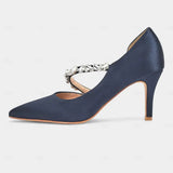 MQTIME  -  Sexy Side Cut Out High Heels Pointed Toe Satin Strap Rhinestone Chain Women Dress Sandals