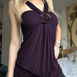 MQTIME  -  Women's Purple Halter Neck Top Criss Cross Strap O Ring Detail Sleeveless Ruched Y2K Aesthetic Party Clubwear Going Out Outfit