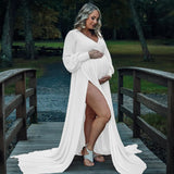  MQTIME  -  Maternity Photography Dresses Baby Shower Maxi Gown Lantern Sleeve V Neck Pregnancy Wrap Side Split Robe