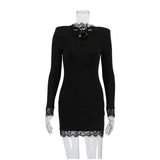 MQTIME  -  Women's Black Bodycon Mini Dress Lace Cutout Neck Long Sleeve Lace Trim Slim Fit Elegant Party Evening Casual Fashion Lady Dress
