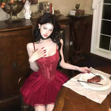 MQTIME  -  High-end Celebrity Diamond Lace Suspender Dress Women 2025 Summer New Temperament Slim Waist Fluffy Princess Mini Dress Girls