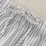  MQTIME  -  Children's Cotton Linen Buttons Black And White Striped Suit Autumn New Boys And Girls Long-Sleeved Shirt Drawstring Shorts Sets