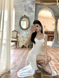 MQTIME  -  Elegant Sheer Mesh Sexy Maxi Dress For Women White See Through Spaghetti Strap Sleeveless Thigh High Split Long Dress