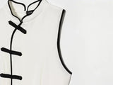 MQTIME  -  Women White Sleeveless Mini Cheongsam Dress Mandarin Collar Chinese Frog Knot Button A Line Dresses Lady Fashion Party Robe