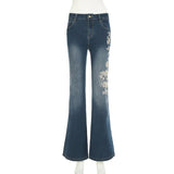 MQTIME  -  Chic Rose Embroidered Gradient Slightly Flared jeans for Women Slim Low Rise Dragging Denim Pants Casual Elegant Fashion Trouser