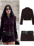 MQTIME  -  Velvet Women Sets Mini Skirt Set Slim Fit Long Sleeved Single Breasted Short Blazer Coat Leather Belt Short Skirts Lady Outfit