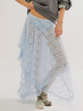 MQTIME  -  Women Lace Ruffle Courtship Half Slip Elastic Waist Asymmetrical Hemline Midi Skirts Semi Sheer Layered Maxi Skirts