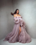 MQTIME  -  Elegant Dusty Pink Tiered Tulle Maternity Dress Photoshoot Off Shoulder Puff Sleeve High Split Pregnancy Gown Baby Shower Outfit