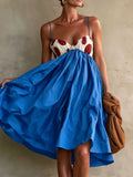MQTIME  -  Sexy Straps Backless Vacation Dress Chic Contrasting Color Off Shoulder Pleated Dress Retro Polka Dot Sleeveless Umbrella Dress